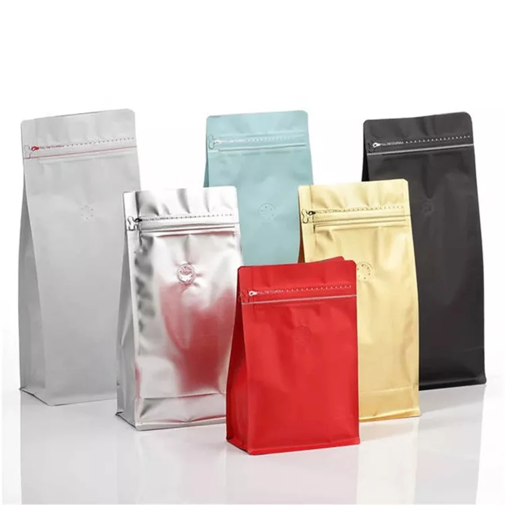 Custom Eight Side Sealing Flat Bottom Coffee Bean Aluminum Foil Bag Coffee Packaging Bags With Valve And Zipper