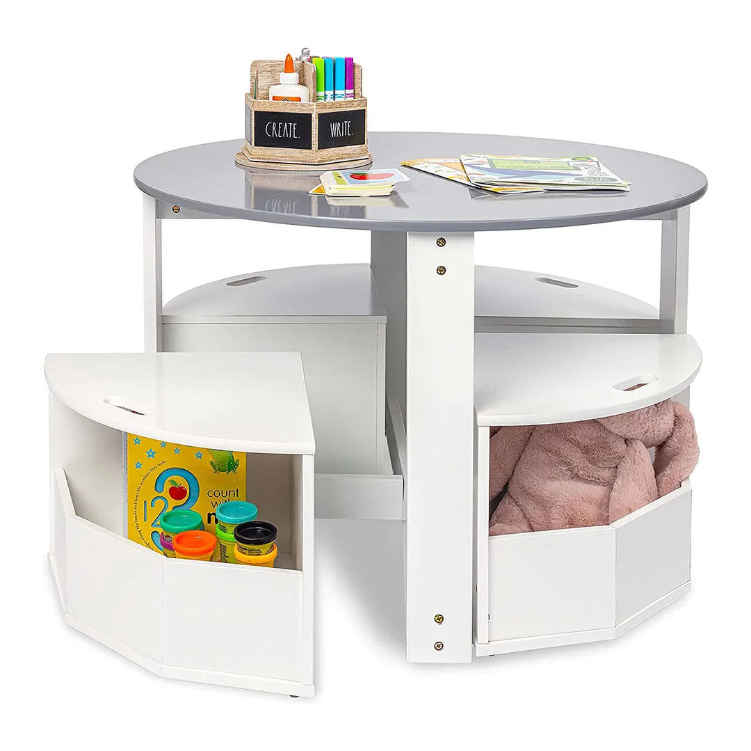 Table and Chair Set for Kids- Round Nesting Design with 4 Storage Stools