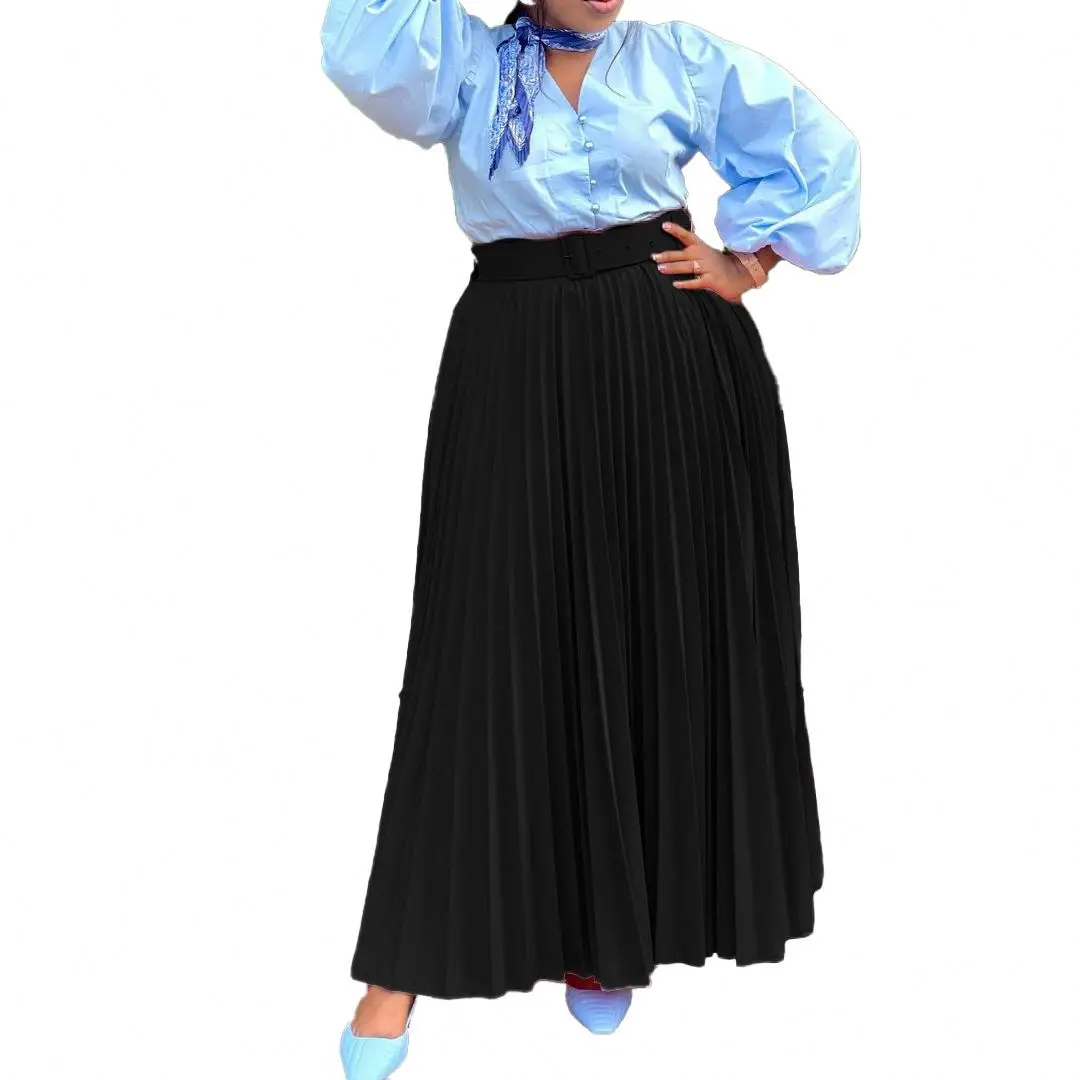 3SD51Hot Sale Plus Size Solid Color High Waist Pleated Skirt For Women Dresses