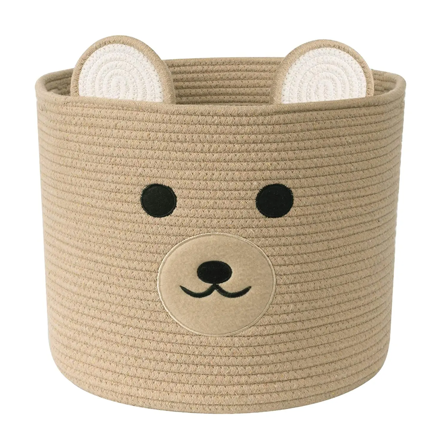 Round woven storage basket cotton rope with handles cute animal face design for laundry basket
