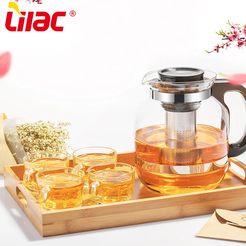 Lilac BSCI SGS LFGB 2600ML 2200ML 1800ML glass tea pot and cups set european restaur glass teapot with cups