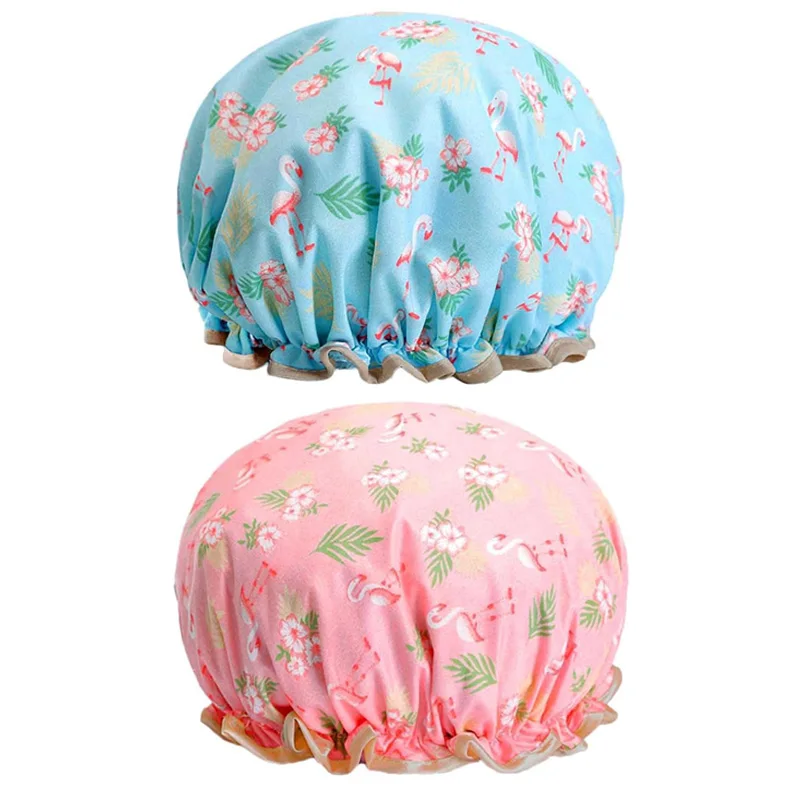 Double Waterproof Layers Shower Cap Elastic Reusable Bath Caps Protection Hair Bath Hat for Bathing Cooking Baking Cleaning