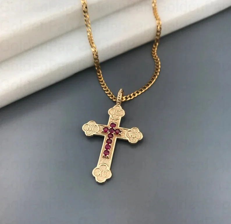 14k solid gold cross with real rubies