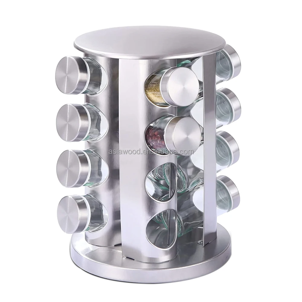 Kitchen Organizer 16 Seasoning Cans Stainless Steel Pice Container Standing Cabinet Seasoning Tower Rotating Spice Rack