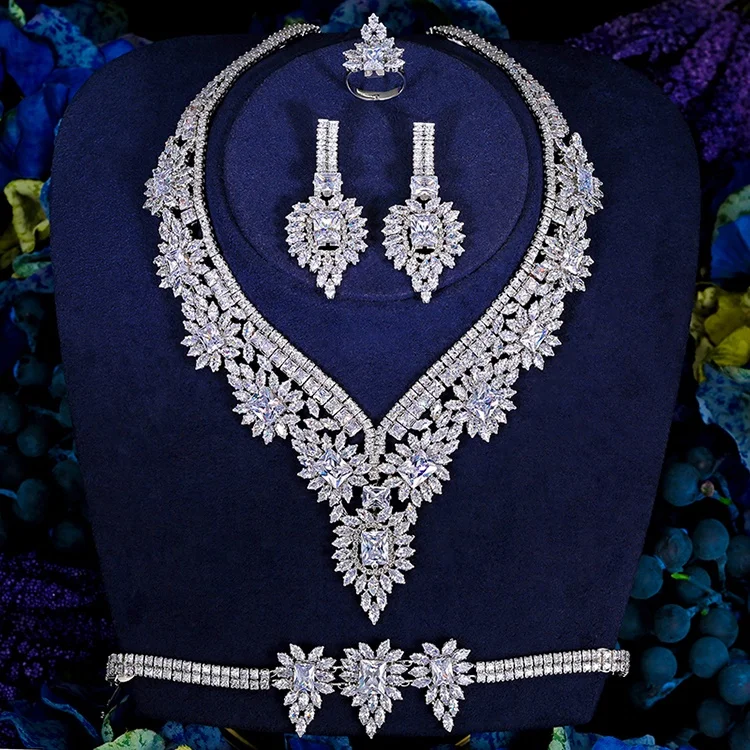 Echsio Vintage Cubic Zircon 4pcs Women Jewelry Set Shining Stone Big Bridal Wedding Europe Genuine Jewelry Set for Party BN7661