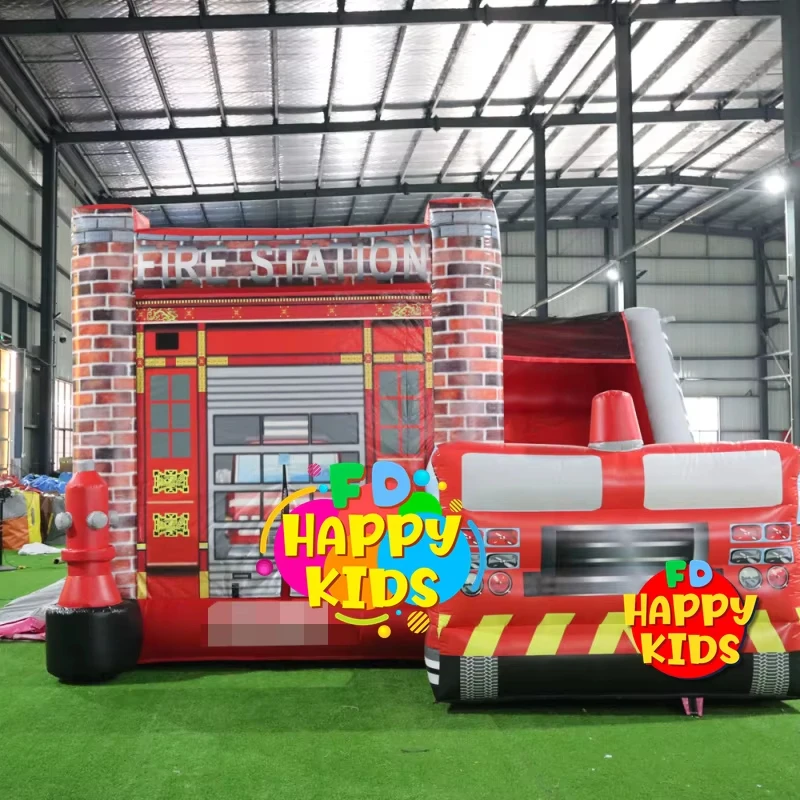 Custom Commercial Fire/FireFighting/ Firetruck/Fire Station  bouncy castle inflatable combo for sale/Multiplayer gamefor kids