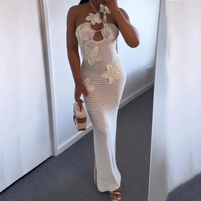 GX0520 Fashion Summer Mature Women Sexy Knitted Maxi Dresses Halter 3D Flower Elegant Beach Long Crochet Dress