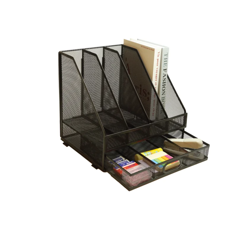 Desk Organizer with Magazine File Holder 4 Vertical File Holder with Drawer Mesh Desktop File Organizer Magazine Rack