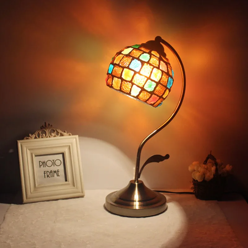 Modern Wrought Iron Desk and Bedside Lamp with Tiffany Lampshade for Home or Room Lighting