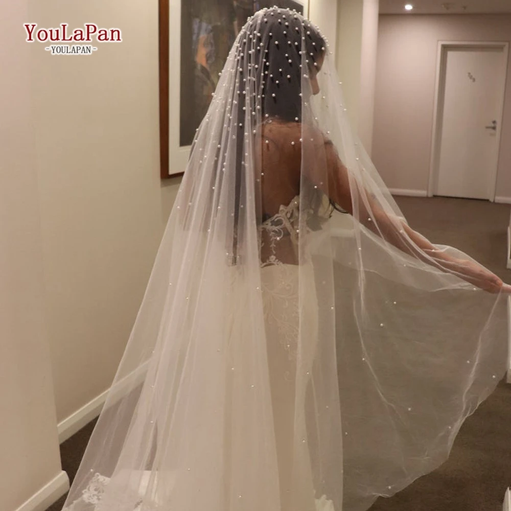 
YouLaPan V08 Long Tulle White Pearl Bridal Veil Cathedral Veil for wedding Dress Accessories 