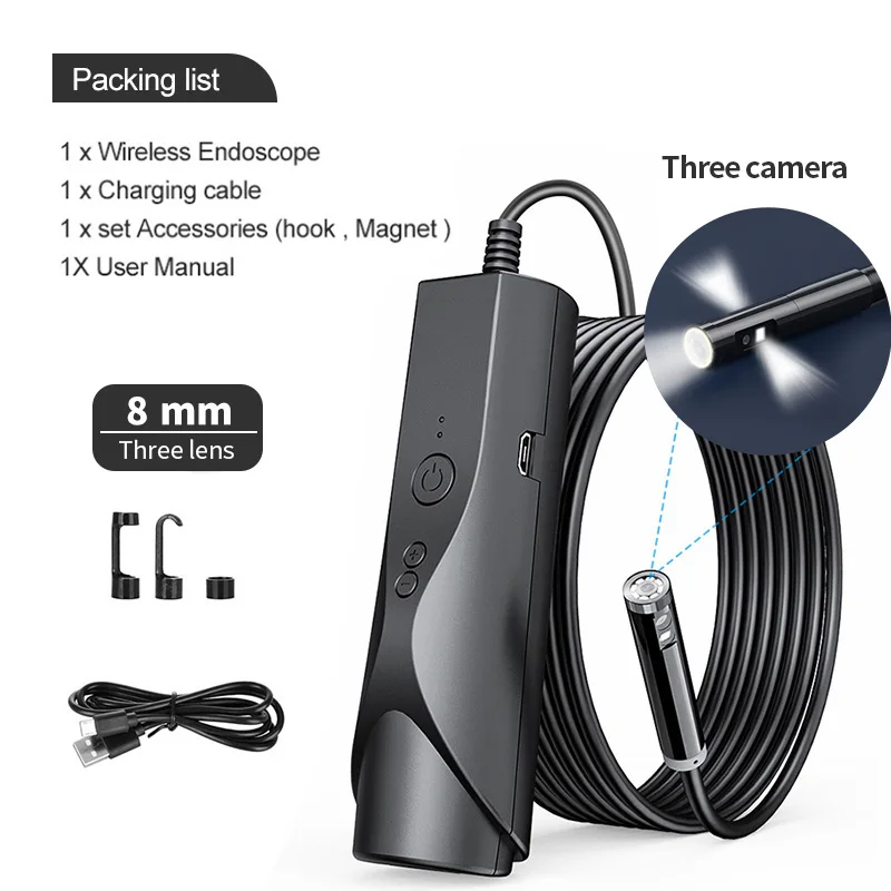 Three Shots WiFi Endoscope camera Automotive Engine endoscope camera industrial camera pipeline detector snake camera 1M/5M/10M