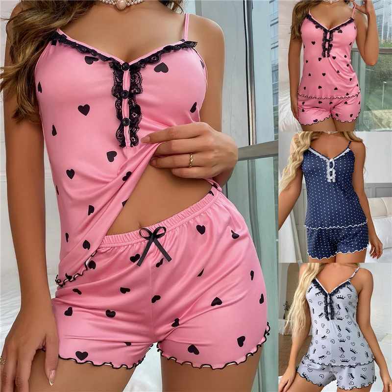 Female V Neck Summer Ladies Sexy Hot 2pcs Heart Print Simple Satin Lingerie Set Home Wear Soft