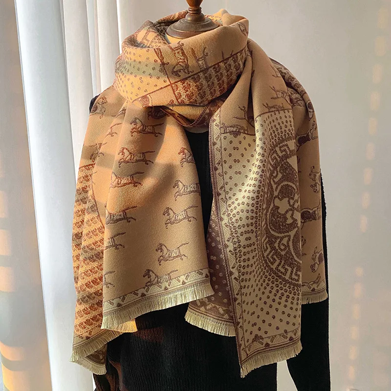 Korean Winter Splicing Square Imitation Cashmere Pashmina Scarf Womens Long Thick Camel Color War Horse Double-Sided Shawl