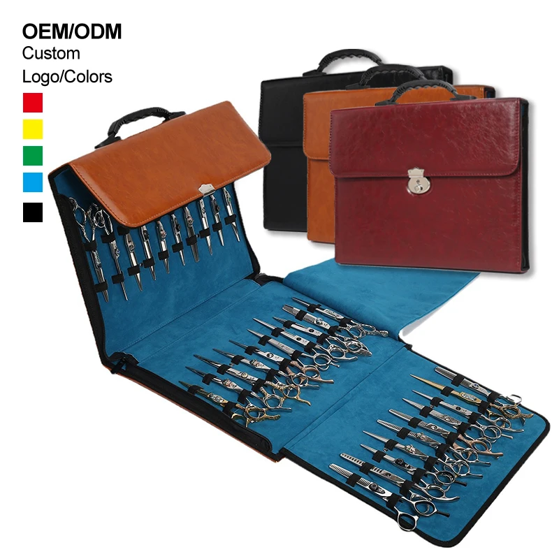 Low Moq Ultra-large Capacity Hair Scissor Holder Foldable PU Leather Cases Hairdresser Tool Bag with 30 Pockets for Salon Shears