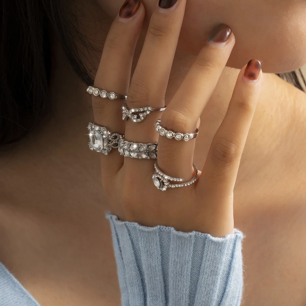  6pcs/set Bohemia Chic Fashion Geometric Waterdrop Crystal Diamond Alloy Finger Ring for Women