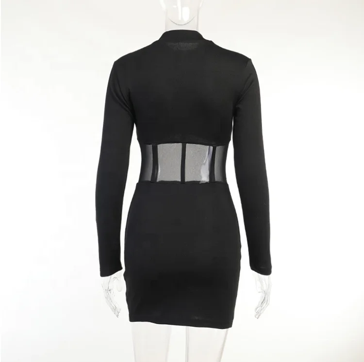 Hot Sale Black Turtleneck Long Sleeve Tight Party Wear Dress Mesh Patchwork Mini Sexy Dresses With Bodycon Buttocks For Women