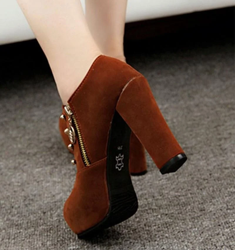 Factory Wholesale Thick Heel Pumps Metallic Chain Decor Platform Side Zipper Shoes Women Dress Shoes Sexy High Heel Shoes