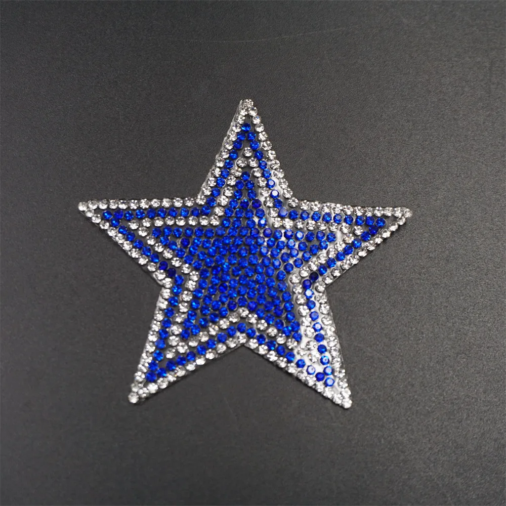 Hot sale free sample factory blue rhinestone star shape crystal bead applique patch for clothes hats
