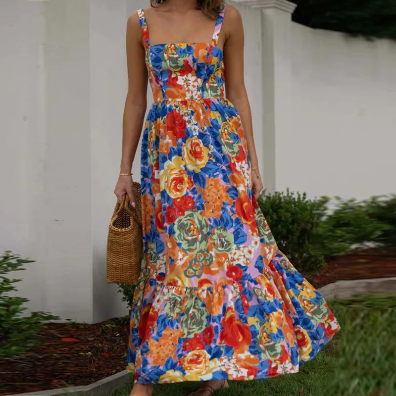 Backless Fashion Elegant Floral Sexy Casual Lady Style Floral Casual Maxi Smocked Dresses For Girls