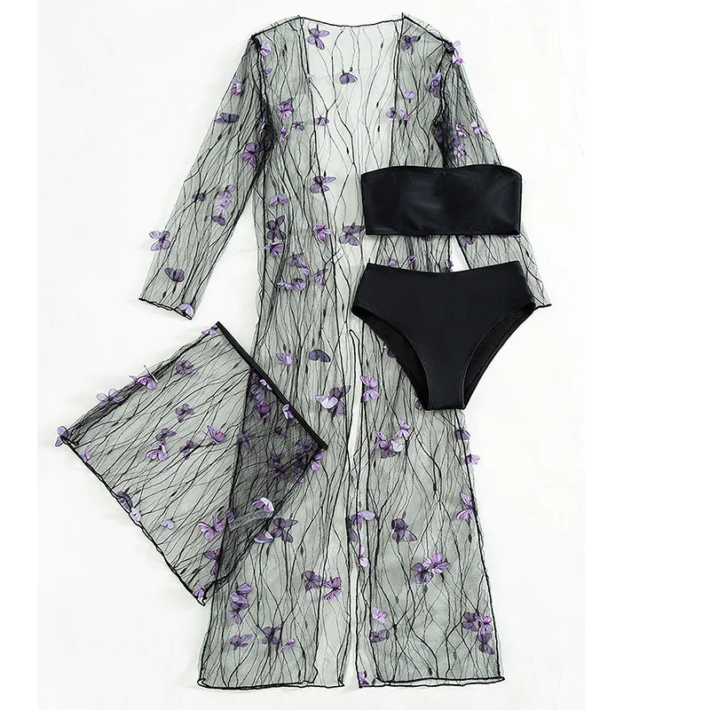 4 Piece Bikini Set 2022 High Waist Bathing Suits for Women Swimwear Beachwear Bikini with Cover Up