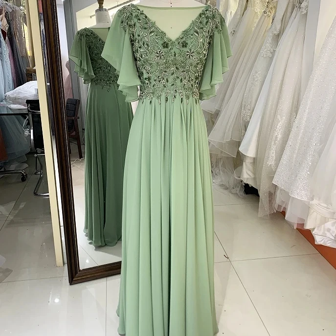 2024 sage green puff sleeve embroidery beading round neck zipper up back chiffon skirt mother of the bride dresses