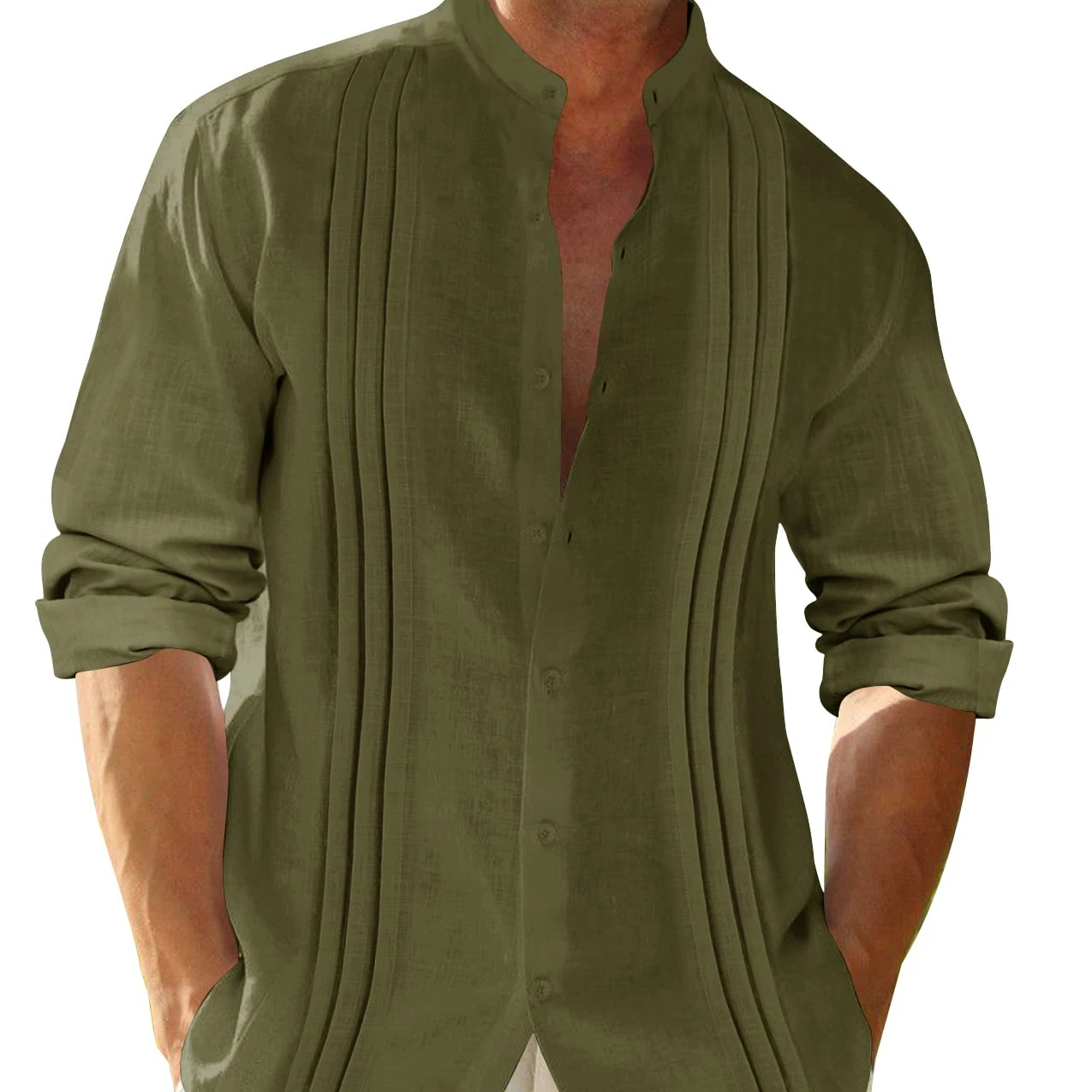 Mens Guayabera Button Down Shirt Linen Cotton Long Sleeve Cuban Camp Plain Summer Beach Shirts Top