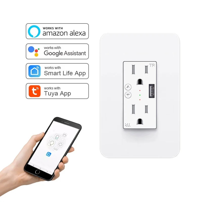 120V 15A Tuya Receptacle Electrical Socket USA USB Smart Home Plastic Wifi Plug for Wall