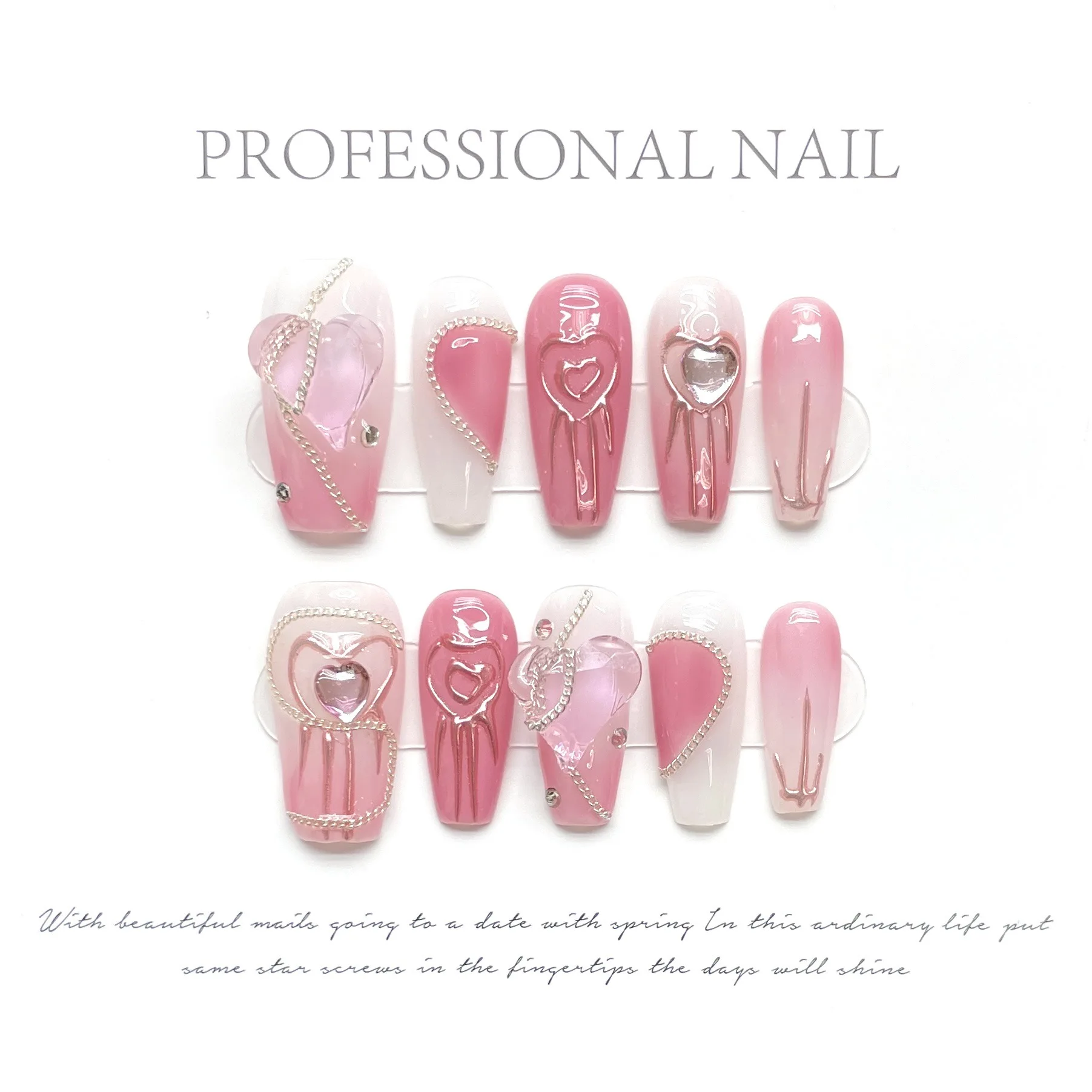 Wholesale Custom Luxury Bling Stones Handmade Press On Nails Medium Coffin Heart Pearl French Tip Nails Manicure Acrylic Nails