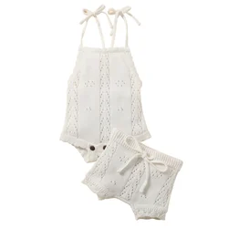 Newborn Baby Girl Clothes Set Solid Lace Ruffles Sleeve Backless Tops toddler Shorts Outfits set baby clothes set 100% cotton