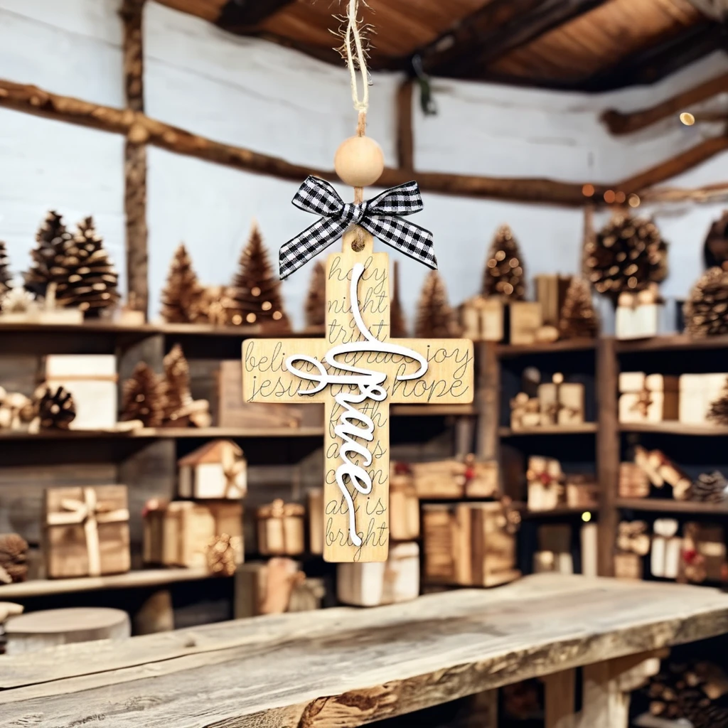 ZSHCH1704 White Lacquered Wood Boards UV Printed Crosses Graphic Design for Christmas  Ornaments