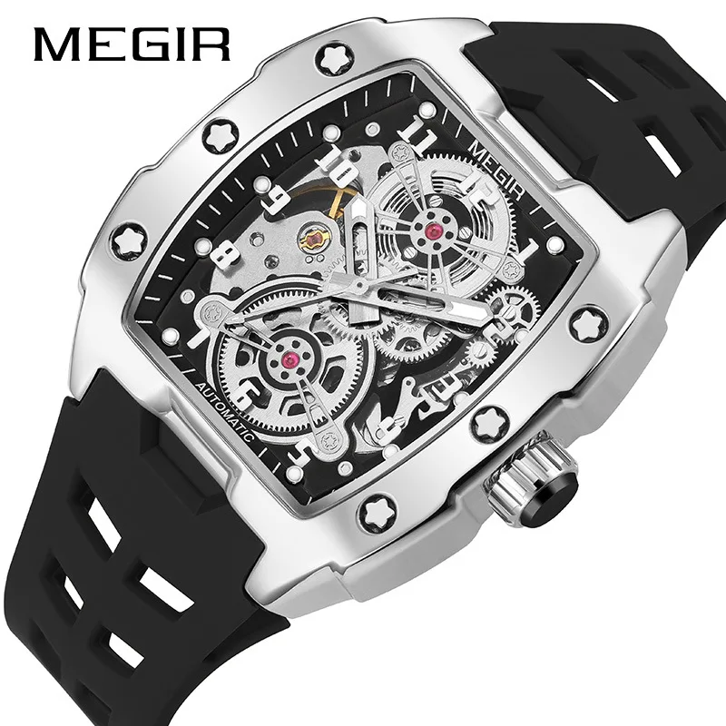 Megir 8602 оптовая продажа мужские механические часы с логотипом на заказ лучший резиновый ремешок светящиеся выдолбленные деловые