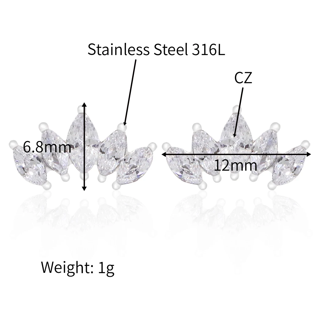 Chris April in stock silver 316L stainless steel marquise zircons crown shape stud earrings