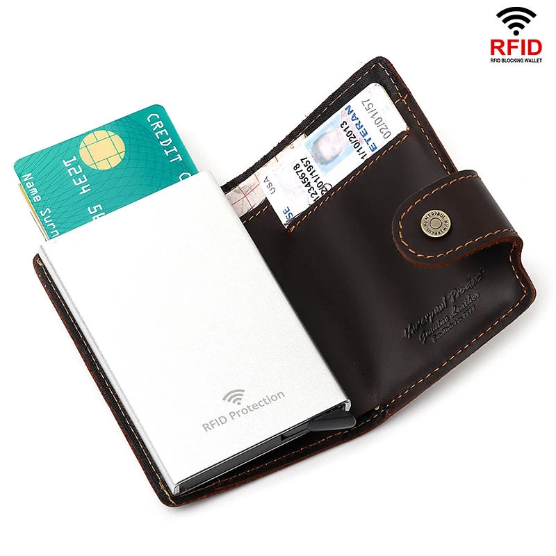 TS Leather RFID Blocking  Pop Up card holder Aluminum Card Case Business ID anti-theft wallet card holder