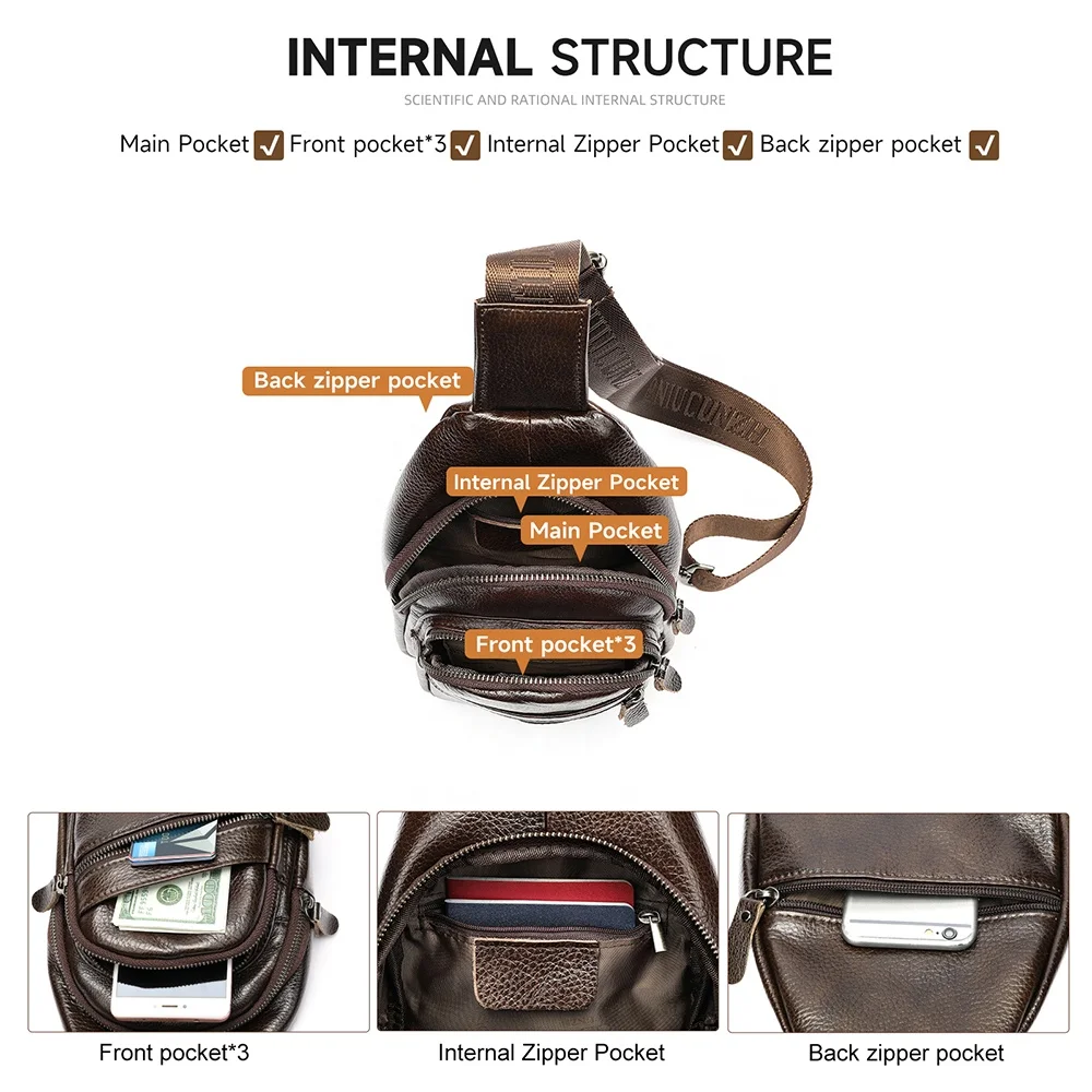 NIUCUNZH Genuine Leather Crossbody Shoulder Chest Bags Travel Daypack Men Sling Bag Leather Men Chest Bags
