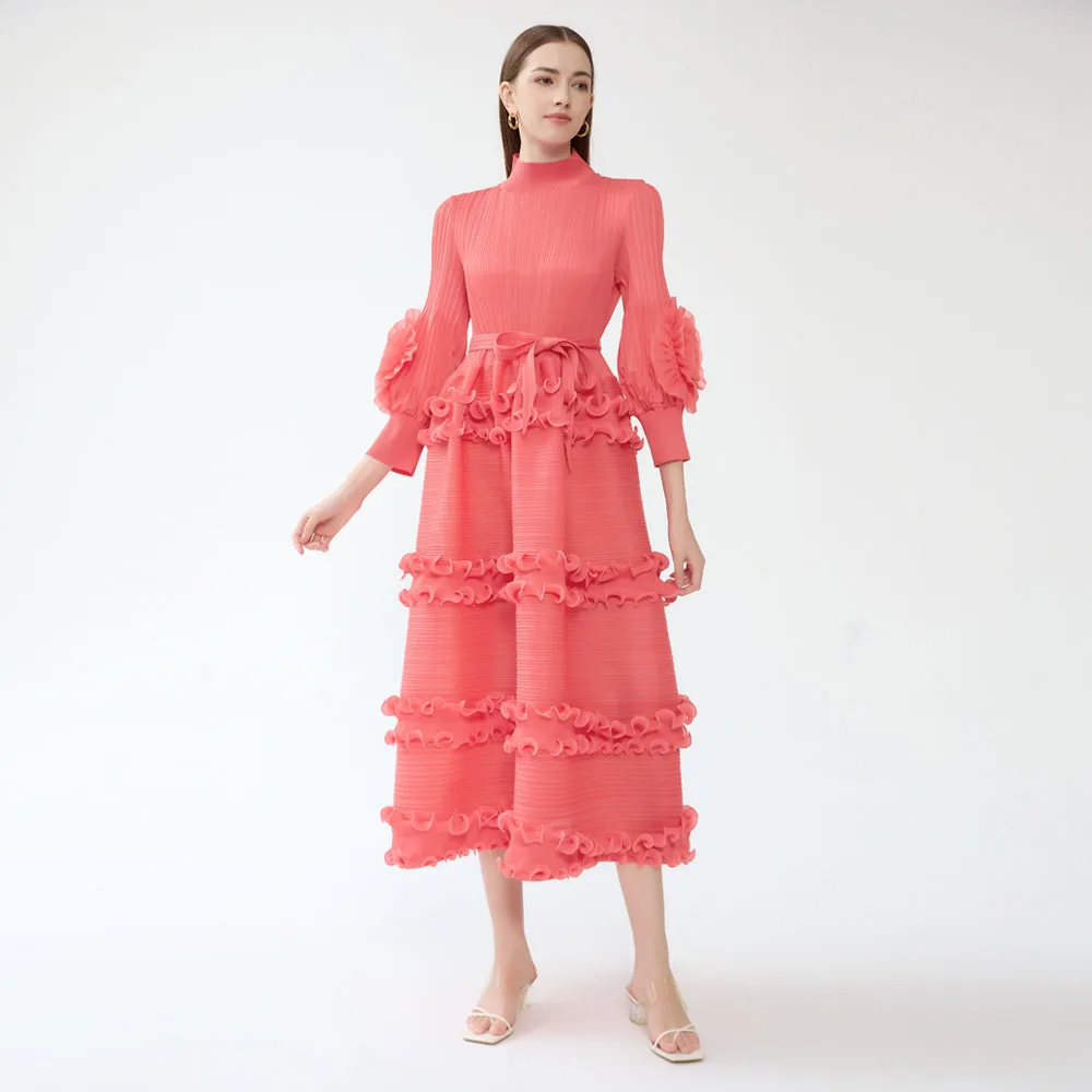Custom Women High Quality Plus Size Solid Pleated Petal Sleeve Luxury Waisted Personality Madi Ladies Pleated Dress