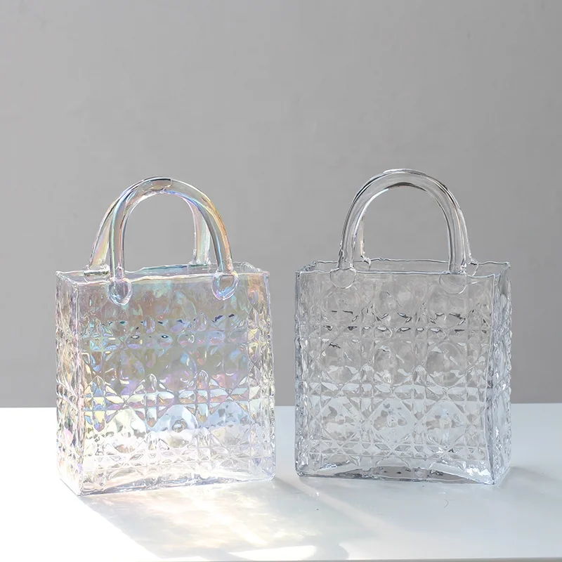 Bixuan Cuboid Hand Bag Vase Modern Flower Arrangement Purse Vase Unique Fishbowl Table Decor Gift Diamond Pattern Glass Vases