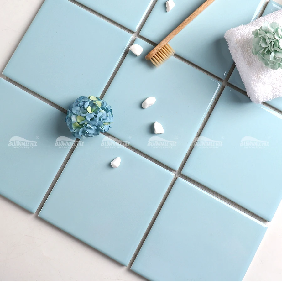 Foshan Factory Price Waterproof Classic 97x97mm 4x4 Inch Square Blue Glazed Porcelain Mosaic Bathroom Wall Swimming Pool Tiles