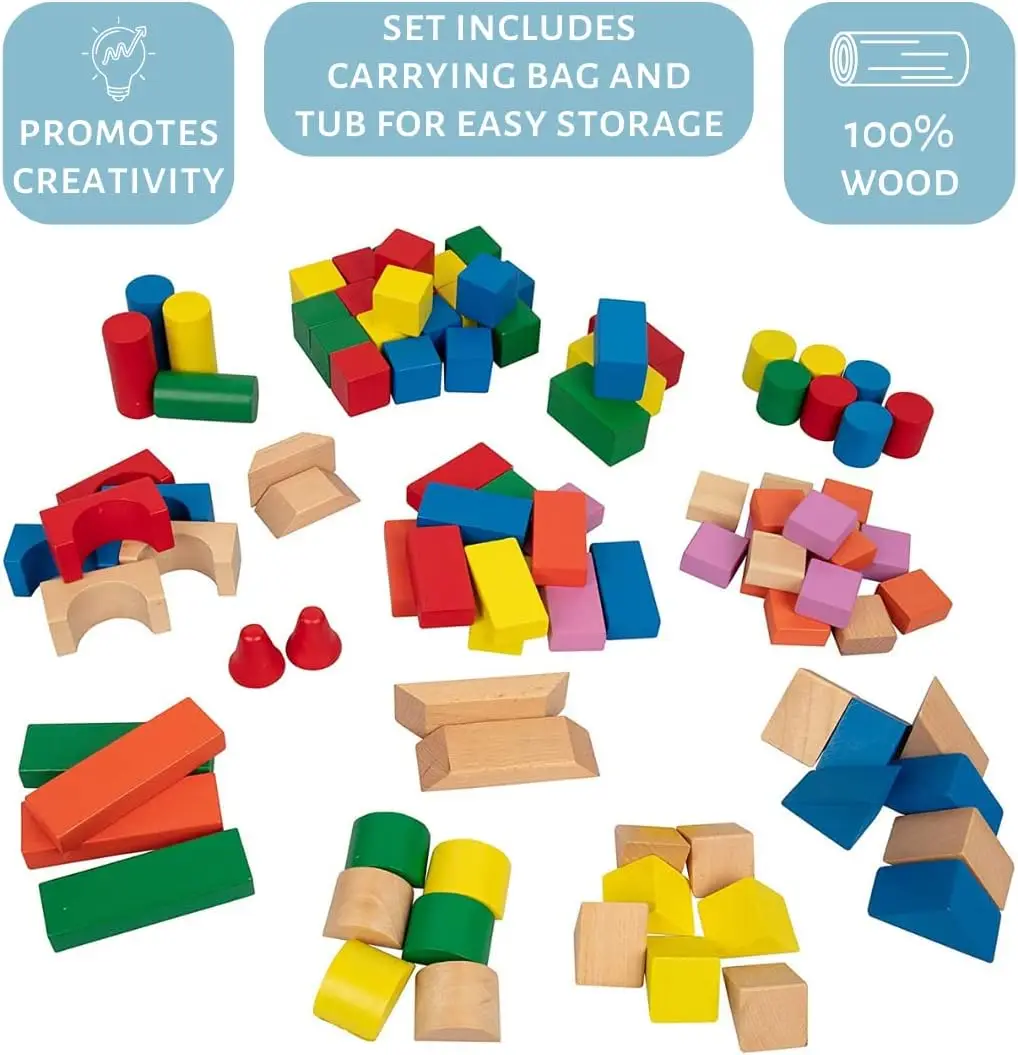 Build and Store Wooden Building Blocks Set 100 Blocks in 4 Colors and 9 Shapes with Carrying Bag Fun Gift