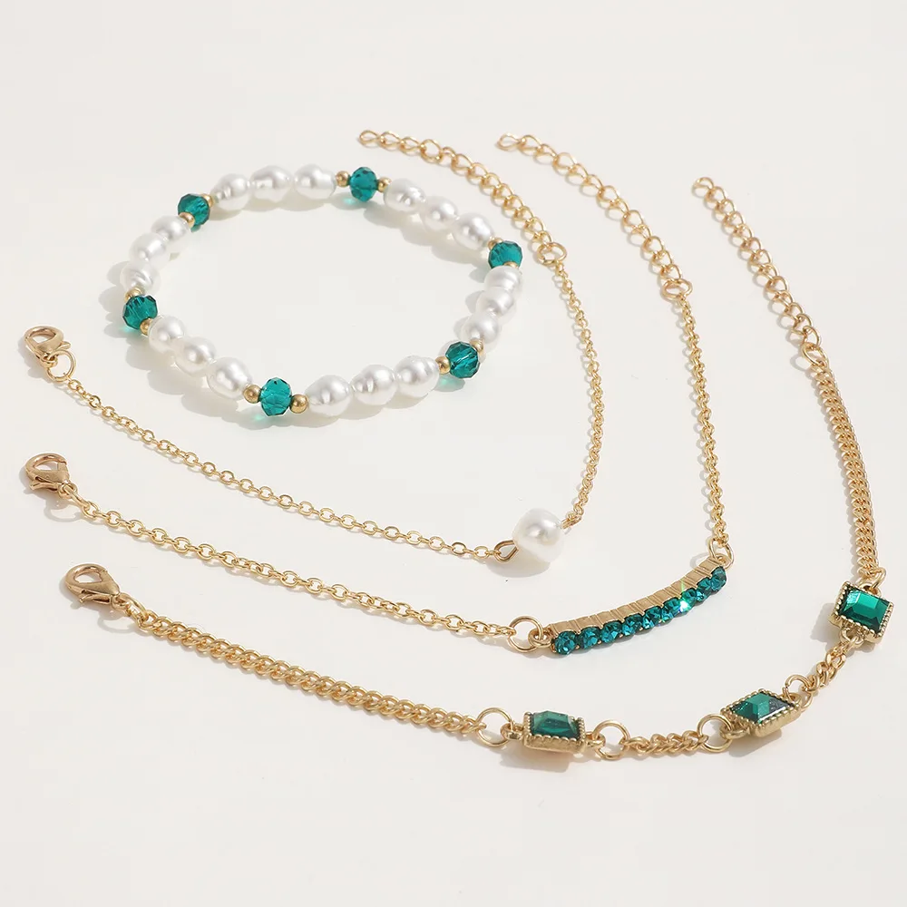 Senior Sense Niche Crystal Hand String Set Beaded Bracelet Tarnish Free Gold Plated Stainless Steel Imitation Pearl Bracelet Set