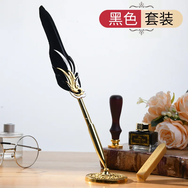 Hot Sale Retro Antique Copper Feather Pen With Ink Notebook and Steel Tips Calligraphy Quill Wax Pen Gift Set for Drawing