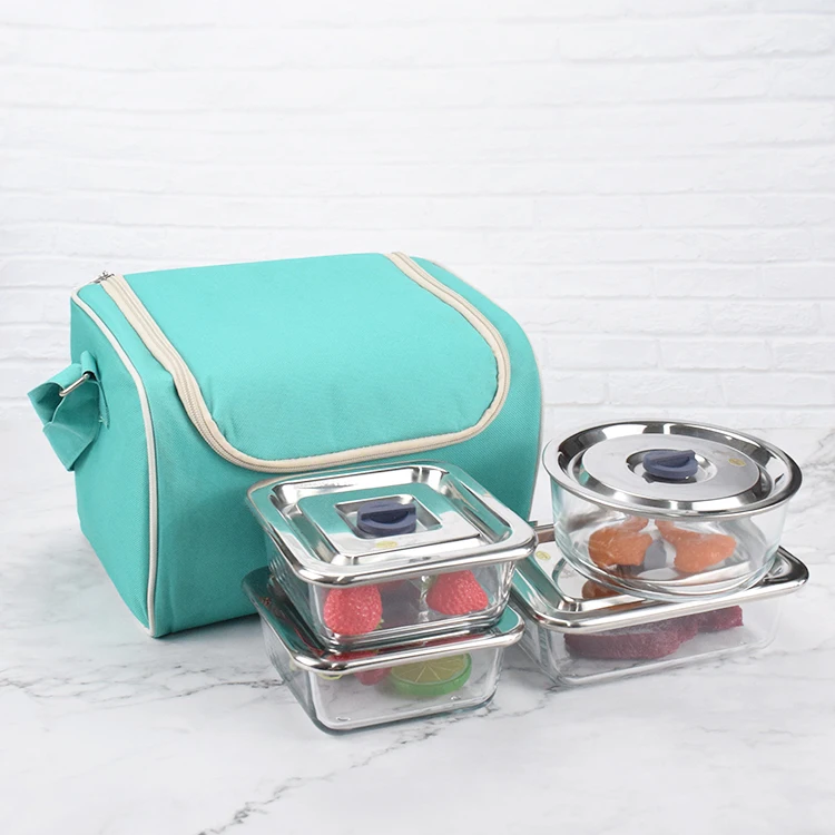 5 Pcs Portable Glass Lunch Bento Box With Canvas Insulation Bags Thermal Lunch Box With Stainless Steel Lids