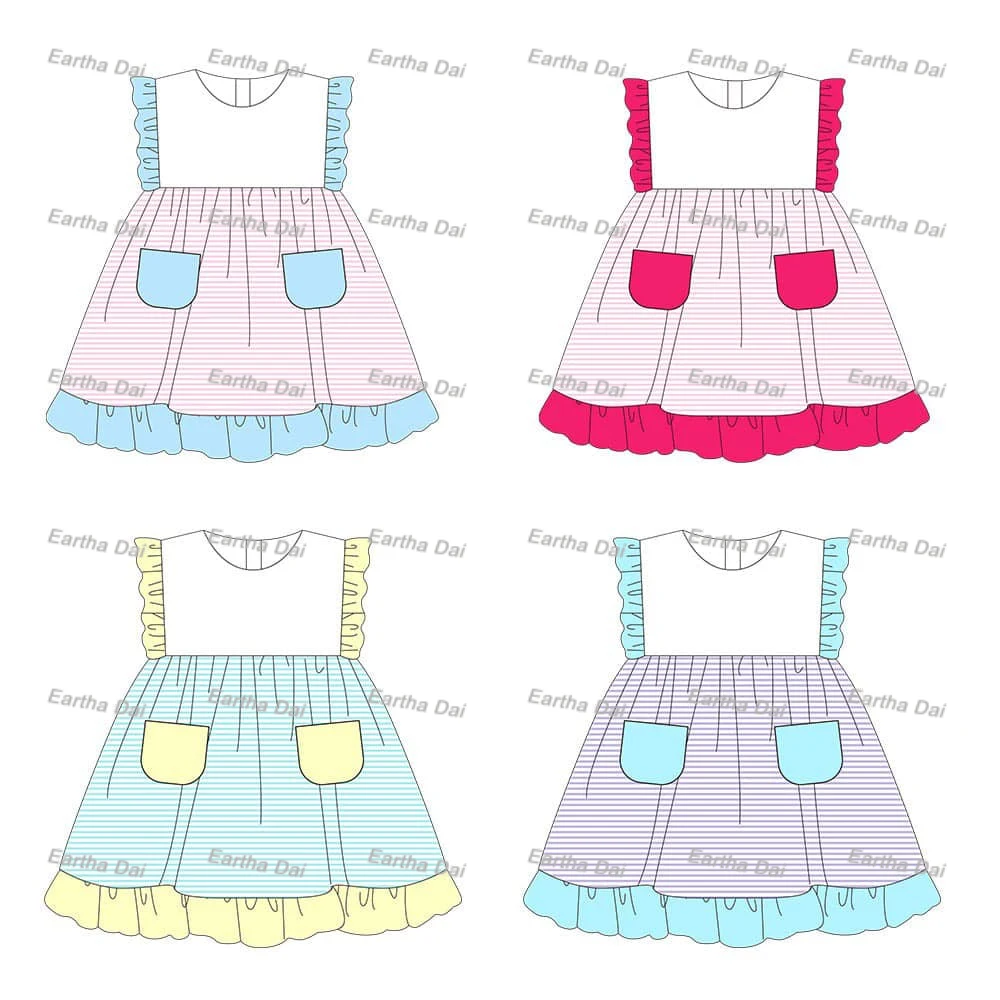 boutique dress for little girl cotton custom ruffle color block summer girls dresses 2-12 children clothing Easter