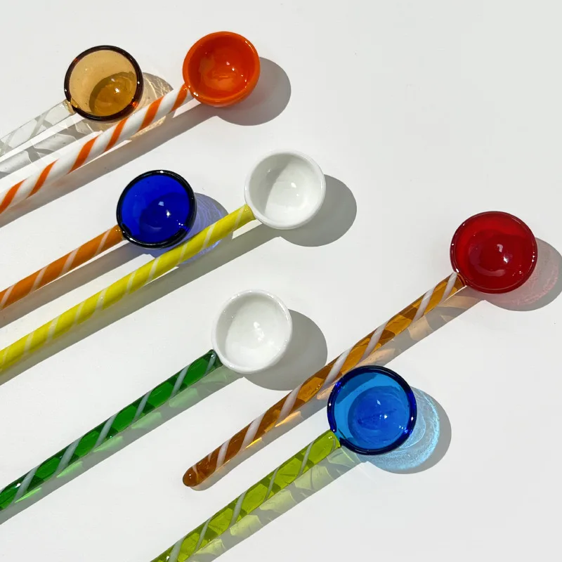 Creative Milk Dessert Colorful Transparent High Temperature Resistant Glass Cute Long Handle Spiral Coffee Stirring Spoon