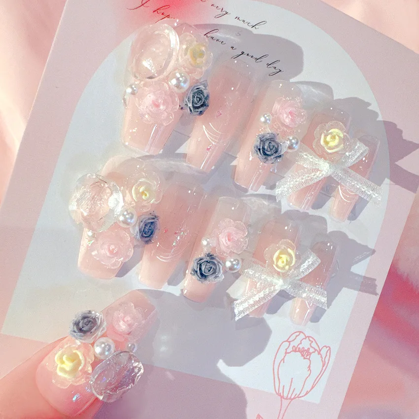 Long nail Flowers lace bow high quality 24pcs gentle fake nails