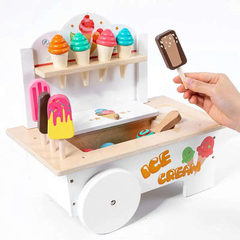 Simulation Ice Cream Truck Girl Shopping Cart Toy Supermarket Cart Wooden Toy ice cream cart