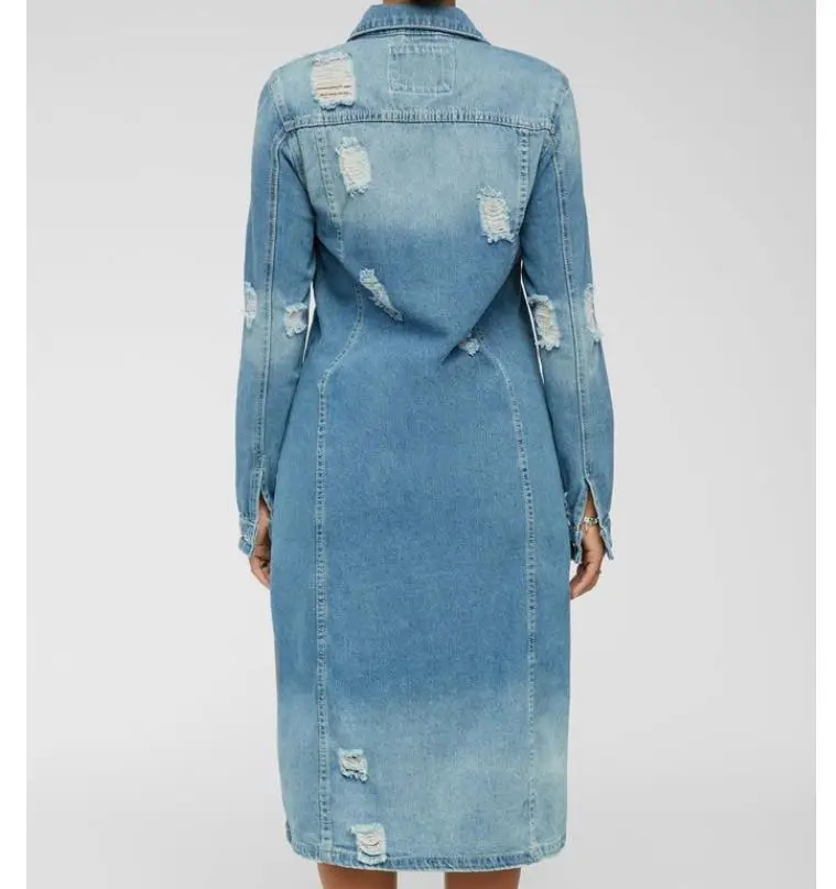 Wholesale Denim Long Trench Coat Street Style Ripped Denim Jacket for Women Long Sleeve Hollow Out Tassel Long Denim Coat