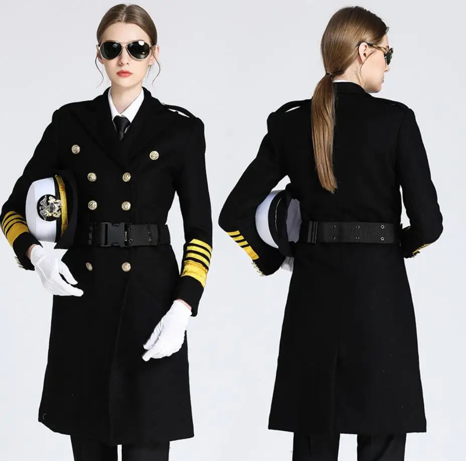 Uperior Quality Fashion Long Classical Black Airline Stewardess Pilot Uniform Coat  Real Fur Coat Women Wool Coat For Ladies