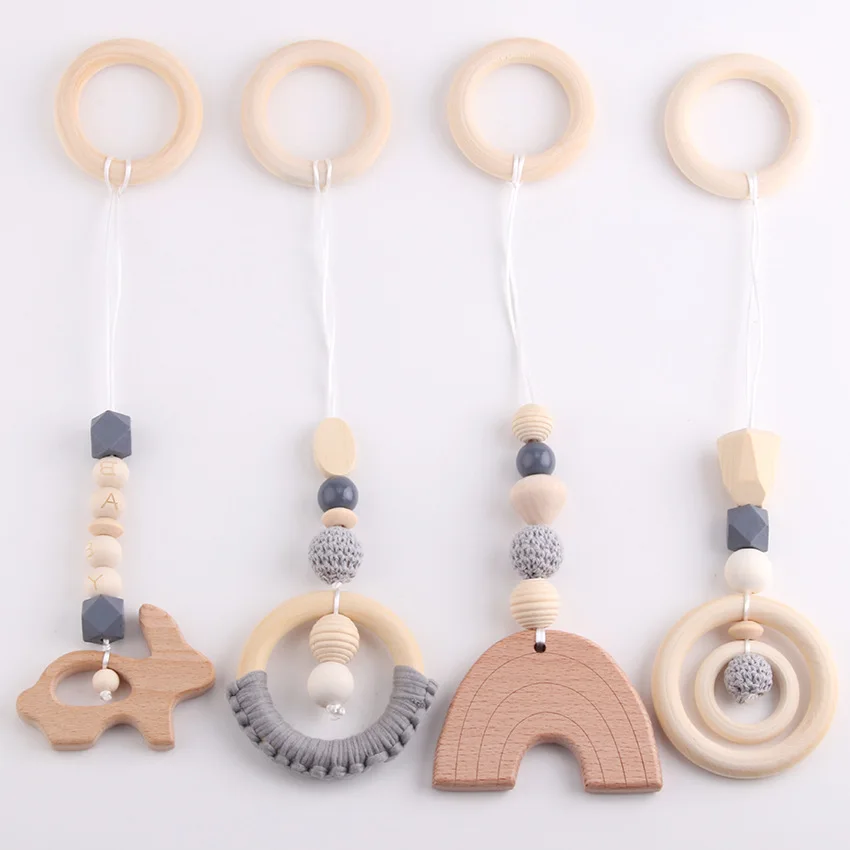4Pcs Baby Gym Wood Toys Wooden Hanging Toy Activity Pendant Hanging Dangling Teething Soother Sensory Toys Nursery Decor
