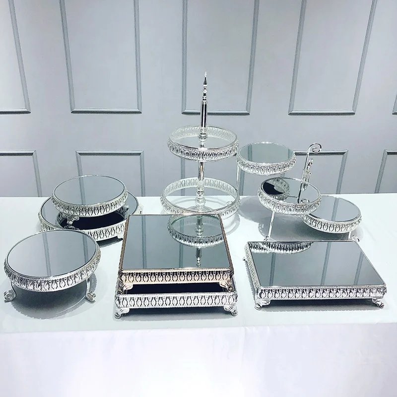 Wholesale Round Silver Wedding Cupcake Display 2 Tiered Dessert Tray 3 Tier Cake Plate Stand with Handle