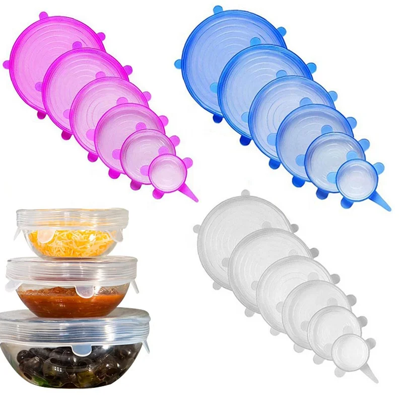 6pcs Silicone Fresh Food Keeping Lids Set, Eco Storage Fresh Kitchen Accessories Food Grade Super Stretch Silicone Lids